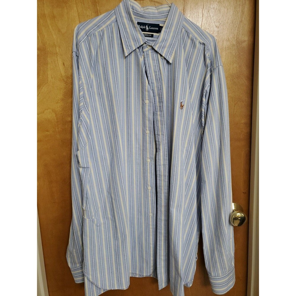 Ralph Lauren Mens Blue Striped Shirt Classic Fit Button Down Long Sleeve Size XL
